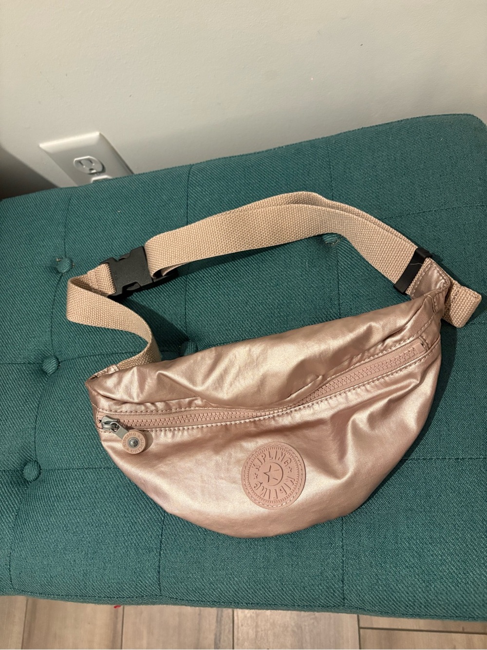 Kipling Metallic Rose Gold Crossbody Belt Bag with Tan Strap